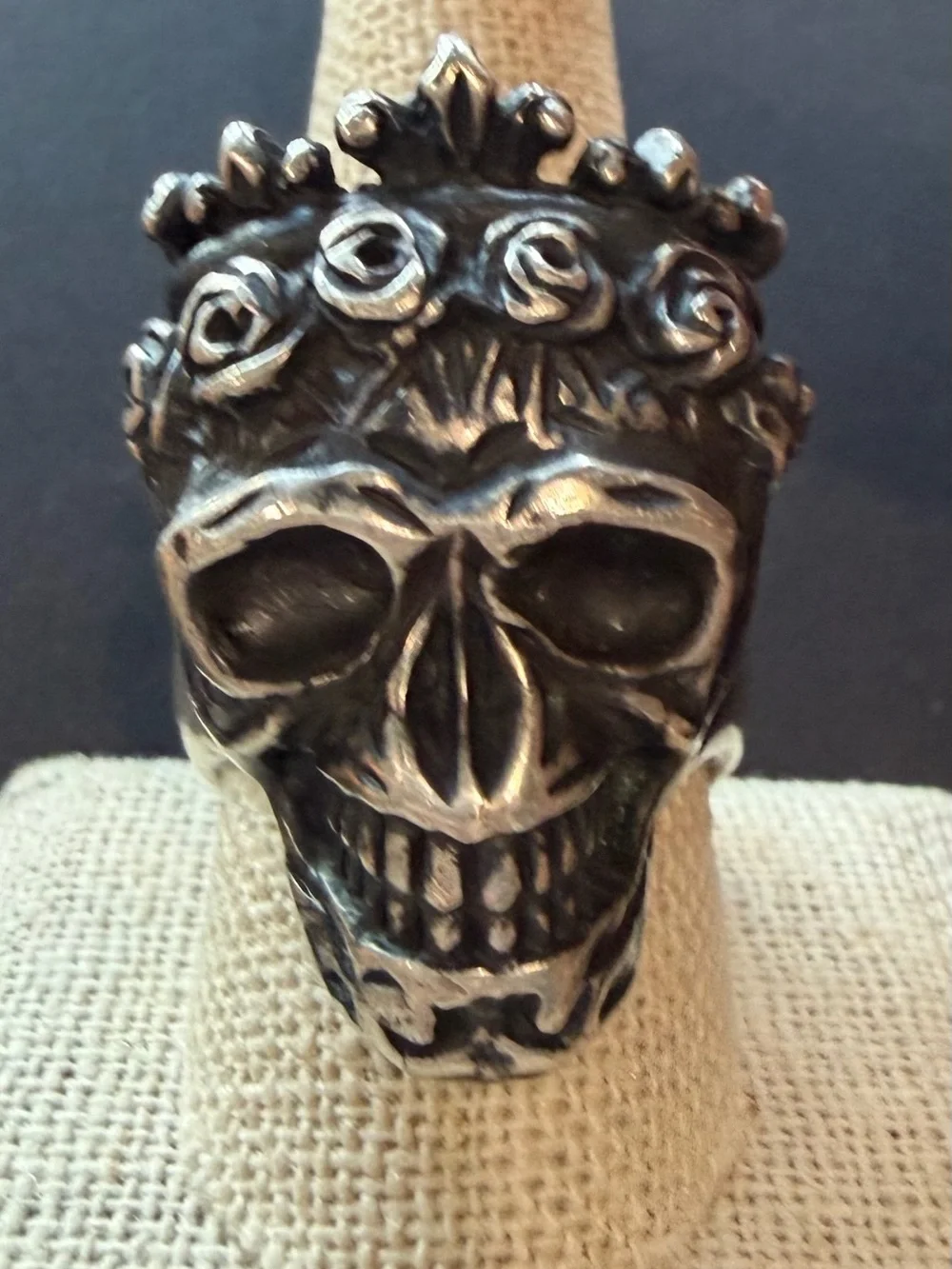 .925 Sterling Silver Crowned Tiara Skull Statement Ring Size 10